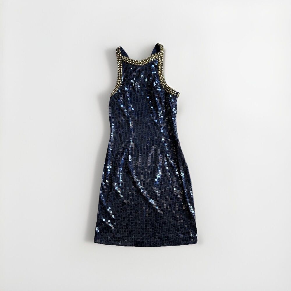 Niteline Della Roufogali Gold Beaded Cocktail Night Out Sexy Dress Size 2 Blue